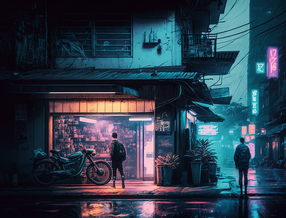 Thai Cyberpunk Bangkok Shop House painting on canvas TCY006