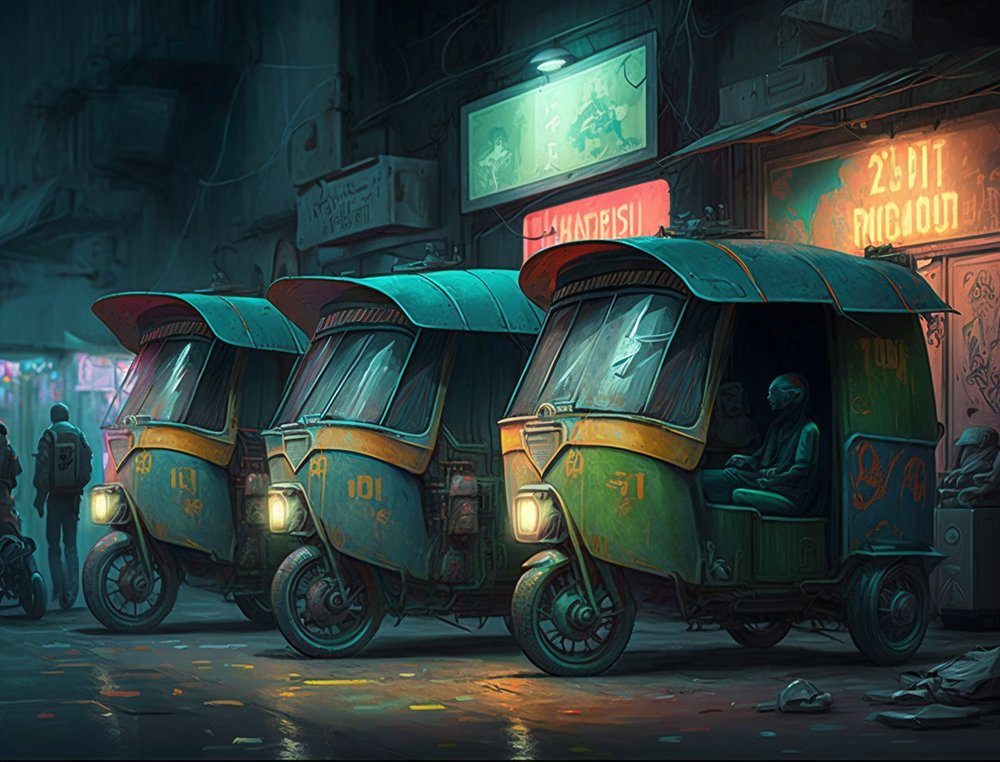 Thai Cyberpunk Tuk Tuks painting on canvas TCY008